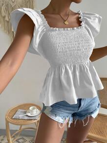 Square Neck Butterfly Sleeve Shirred Peplum Top - White - View 4