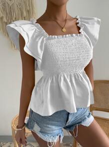Square Neck Butterfly Sleeve Shirred Peplum Top - White - View 5