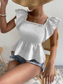 Square Neck Butterfly Sleeve Shirred Peplum Top - White - View 6
