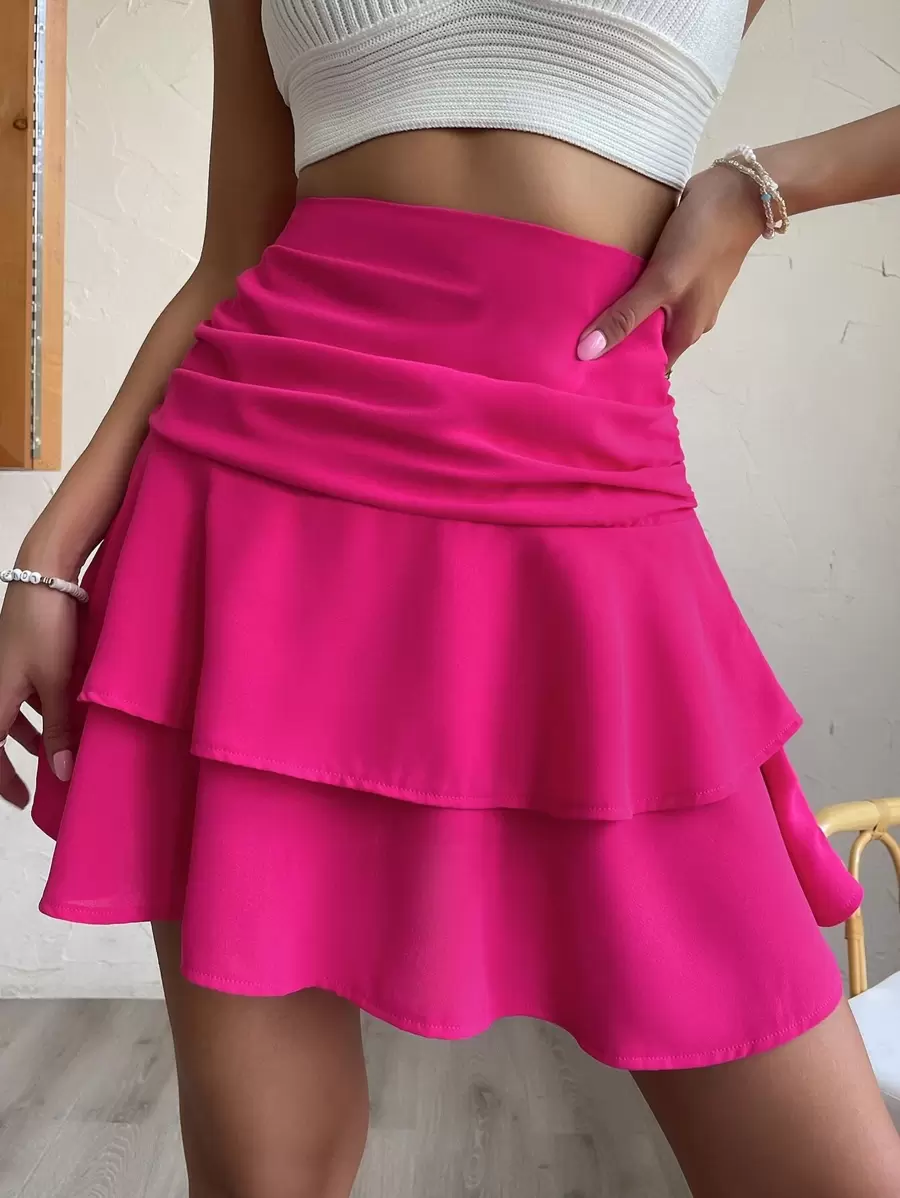 SHEIN Privé High Waist Ruched Layered Hem Skirt - Hot Pink - View 1