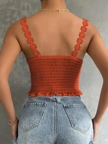 SHEIN VCAY Áo hai dây Đề can Tương phản ren viền lá sen Dải chun Tranh thêu màu trơn Boho - Rỉ Nâu - Xem 2