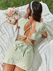 SHEIN Unity Gingham Crisscross Tie Backless Top & Ruched Skirt - Green - View 1