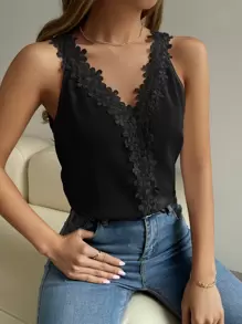 SHEIN ChicEase Guipure Lace V-neck Tank Top - Black - View 1
