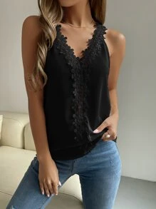 SHEIN ChicEase Guipure Lace V-neck Tank Top - Black - View 5