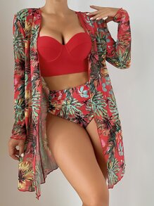 SHEIN Swim Summer Beach Tropical Print Push Up High Waisted Bikini With Kimono - Multicolor - View 1