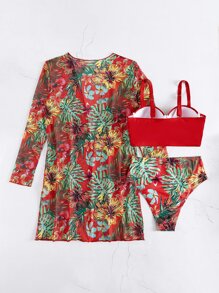 SHEIN Swim Summer Beach Tropical Print Push Up High Waisted Bikini With Kimono - Multicolor - View 5