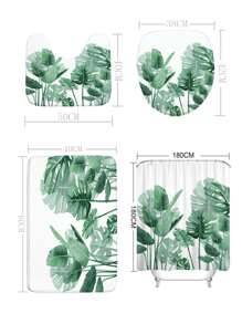 1 Pieza Conjunto De Alfombrilla De Baño Y Cortina De Ducha Con Diseño De Hojas De Plátano Pintadas A Mano - Multicolor - Ver 4