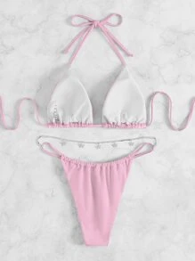Butterfly Decor Halter Triangle Bikini - Baby Pink - View 5