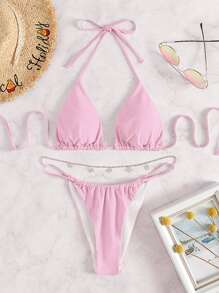 Butterfly Decor Halter Triangle Bikini - Baby Pink - View 6