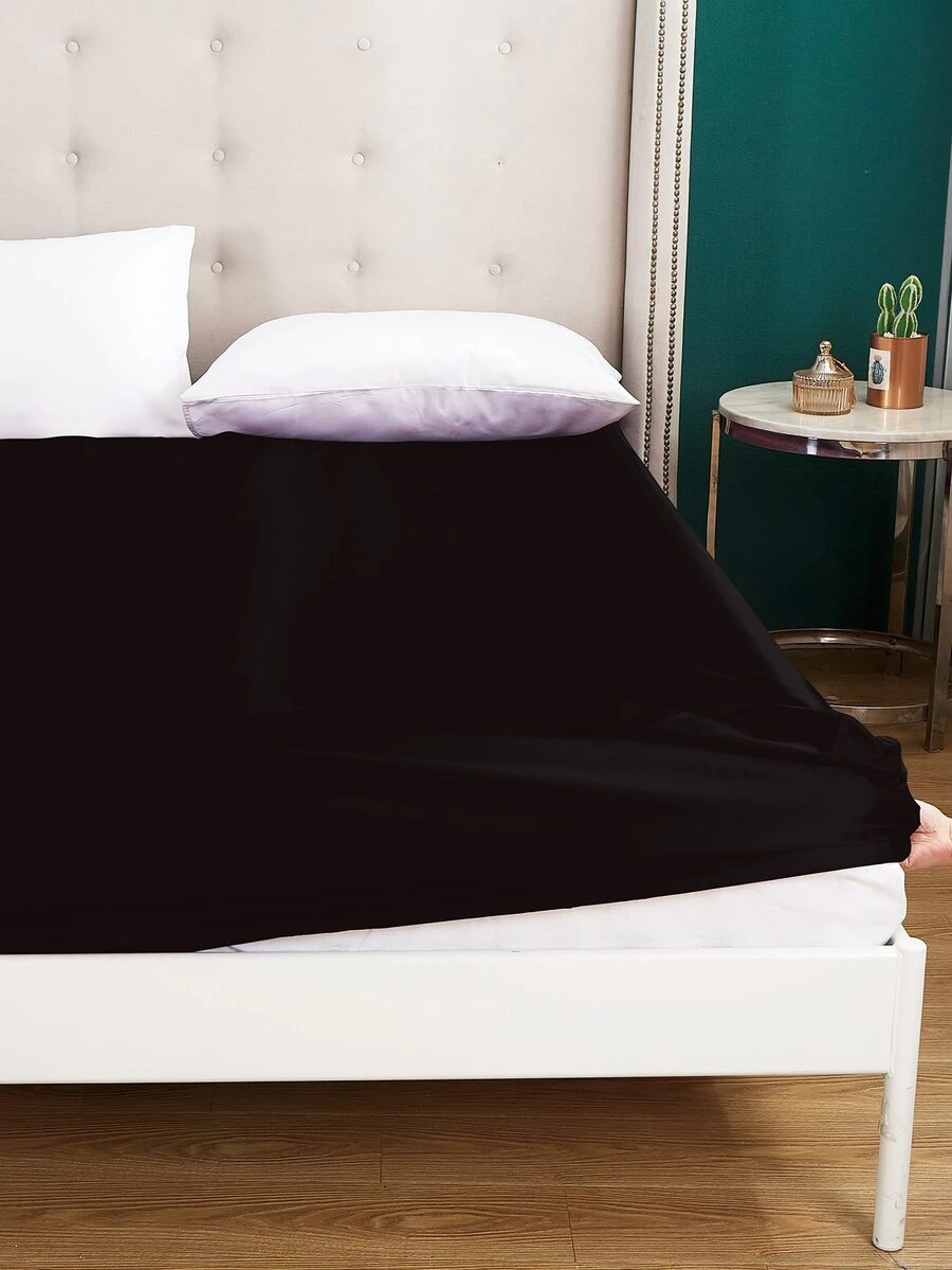 Plain Satin Fitted Sheet - Black - View 1