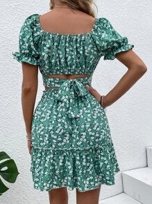 小碎花泡泡袖後綁帶上衣和紙袋腰荷葉邊半身裙 - 彩色 - 查看 2