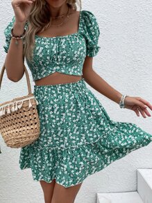 小碎花泡泡袖後綁帶上衣和紙袋腰荷葉邊半身裙 - 彩色 - 查看 6