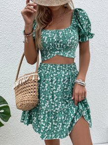 小碎花泡泡袖後綁帶上衣和紙袋腰荷葉邊半身裙 - 彩色 - 查看 5