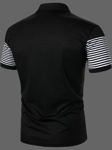 Manfinity Homme Hombres Camisa polo de rayas de color combinado - Blanco y Negro - Ver 2