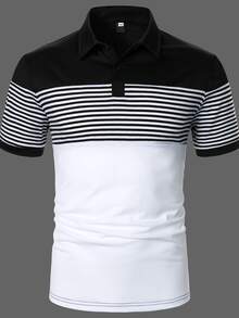 Manfinity Homme Hombres Camisa polo de rayas de color combinado - Blanco y Negro - Ver 3
