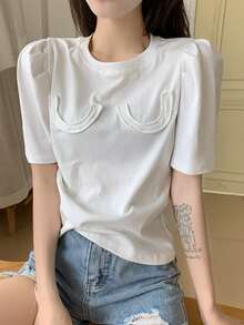 Solid Puff Sleeve Patched Tee - White - View 3