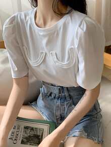 Solid Puff Sleeve Patched Tee - White - View 4