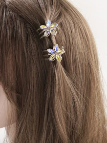 2个水钻花朵爪夹，金属发夹，甜美风格刘海装饰发饰，派对情人节发爪发夹，学校用品，头部饰品 - 彩色 - 查看 8