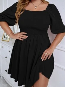 SHEIN Clasi Plus Shirred Square Neck Dress - Black - View 1