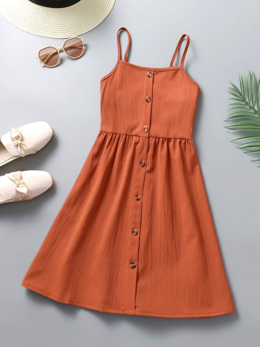 Tween Girl Solid Button Front Cami Dress, School, Campus, College - Burnt Orange - View 1
