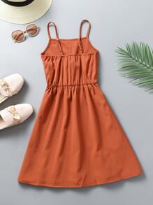 Tween Girl Solid Button Front Cami Dress, School, Campus, College - Burnt Orange - View 2