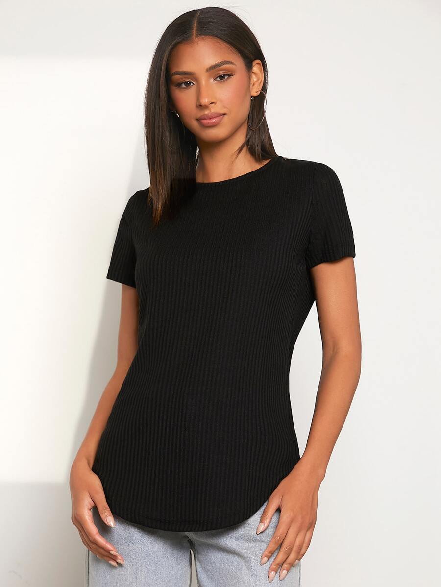 SHEIN LUNE Áo thun nữ Nút Gân đan màu trơn Giải trí - màu đen - Xem 1