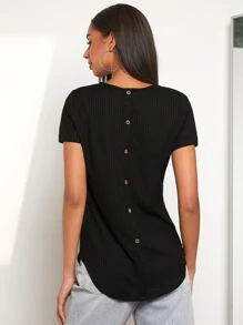 SHEIN LUNE Áo thun nữ Nút Gân đan màu trơn Giải trí - màu đen - Xem 2