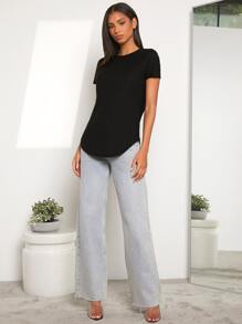 SHEIN LUNE Áo thun nữ Nút Gân đan màu trơn Giải trí - màu đen - Xem 3