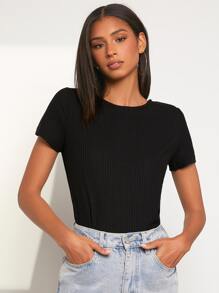 SHEIN LUNE Áo thun nữ Nút Gân đan màu trơn Giải trí - màu đen - Xem 5