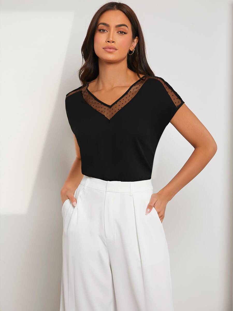 SHEIN Clasi Contrast Dobby Mesh Dolman Sleeve Blouse