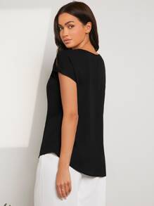 SHEIN Clasi Contrast Dobby Mesh Dolman Sleeve Blouse - Black - View 3