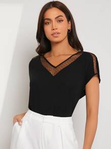 SHEIN Clasi Contrast Dobby Mesh Dolman Sleeve Blouse - Black - View 4