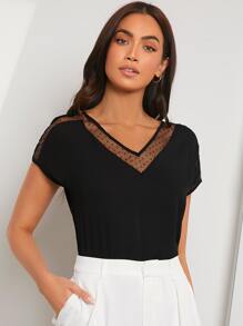 SHEIN Clasi Contrast Dobby Mesh Dolman Sleeve Blouse - Black - View 6