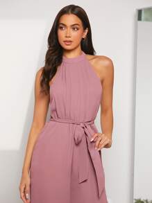 SHEIN Privé 素色後鏤空腰帶繞頸連體褲 - 藕粉色 - 查看 3