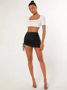 SHEIN BAE Falda de cintura con cordón ribete en forma de lechuga - Negro - Ver 6