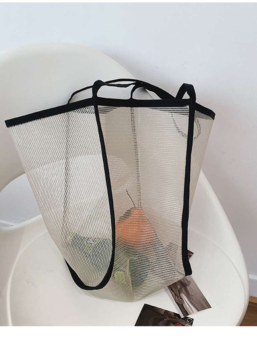 撞色滾邊網紗單肩托特包 - 米色 - 查看 1