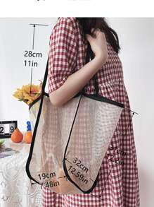 撞色滾邊網紗單肩托特包 - 米色 - 查看 5