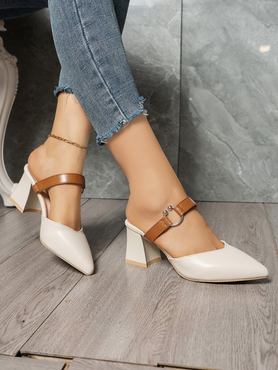 環鏈粗跟帶跟穆勒鞋 - 米色 - 查看 1