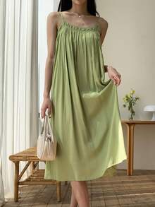DAZY Solid Flare Hem Cami Dress - Green - View 4