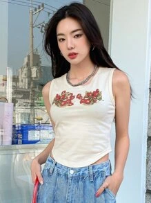 DAZY Strawberry Print Tank Top - Beige - View 3