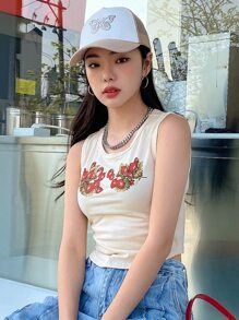 DAZY Strawberry Print Tank Top - Beige - View 5