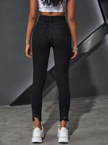 高腰破洞緊身牛仔褲 - 黑色 - 查看 2