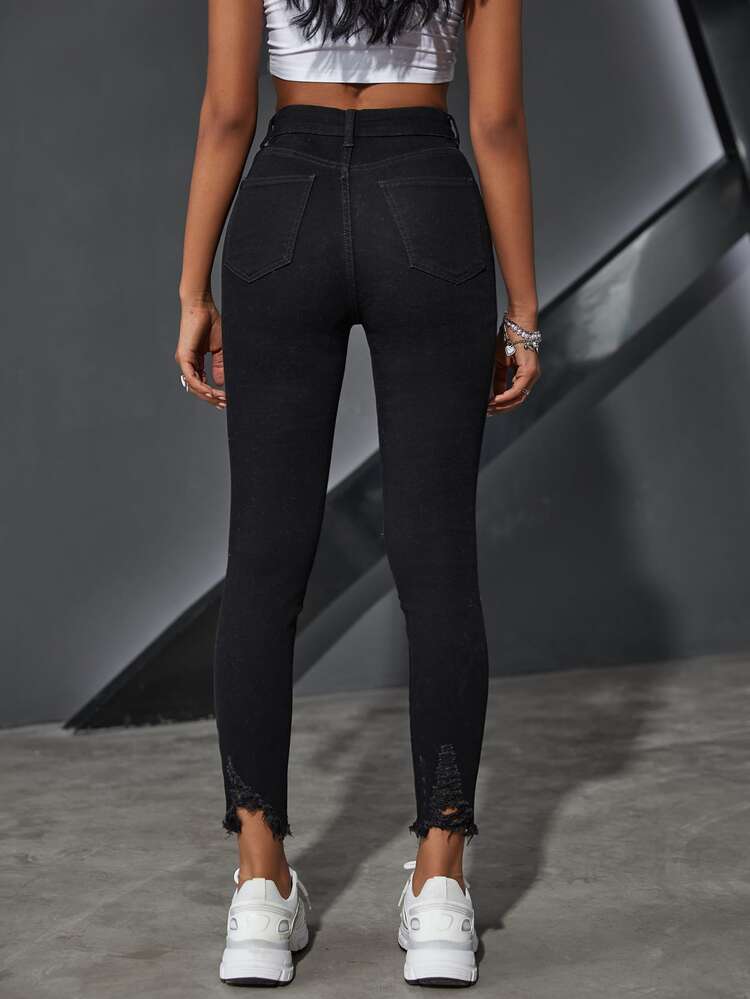 高腰破洞緊身牛仔褲 - 黑色 - 查看 2