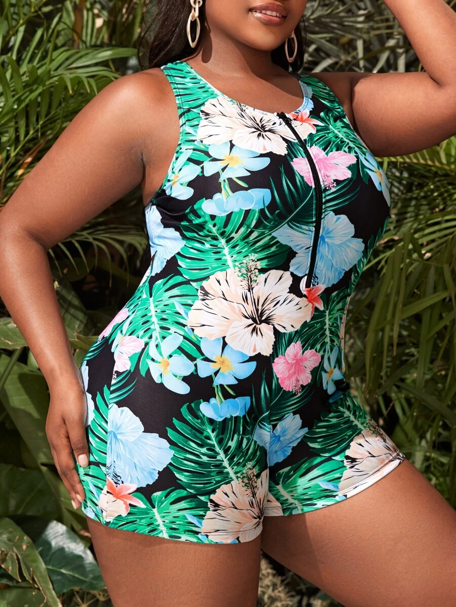 大碼熱帶圖案前拉鏈連體泳衣 - 彩色 - 查看 1