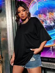Flirla Große Größen T-Shirt mit Buchstaben Muster für Damen, Grafik-T-Shirt für den Sommer, Drop-Shoulder