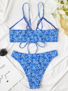 Bikini delantero con nudos y cordón con estampado floral pequeño - Azul - Ver 3
