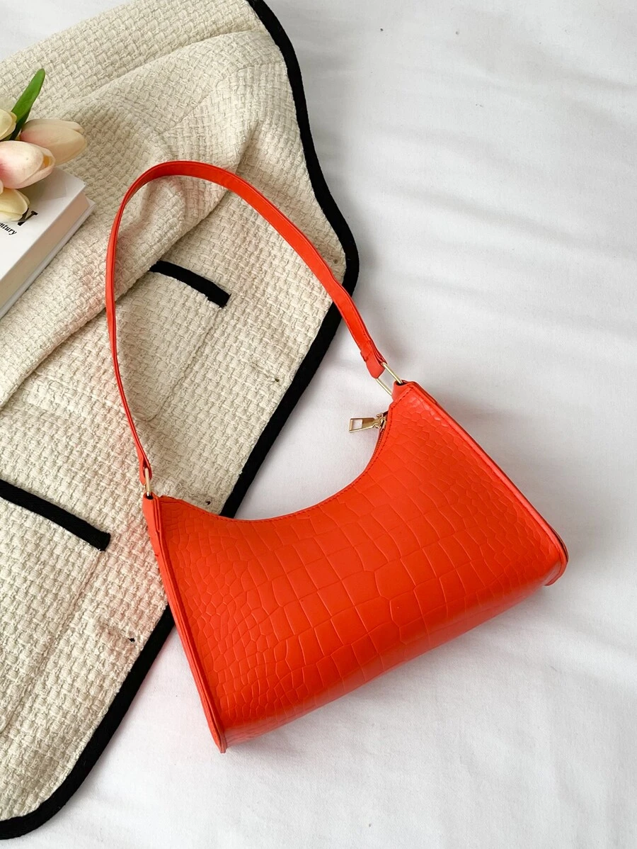 Minimalist Crocodile Embossed Bag - Orange - View 1