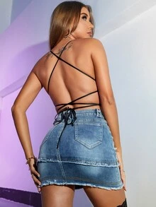 Lace Up Backless Sequin Butterfly Shape Cami Top - Multicolor - View 2