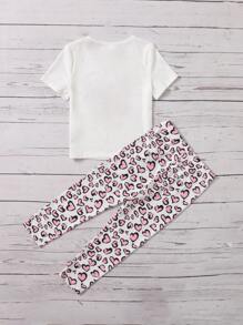 SHEIN 年轻女孩口号和心形印花 T 恤和裤子 年轻女孩服装套装 - 彩色 - 查看 2