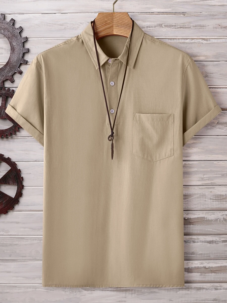 Manfinity Homme Camisa De Botones A La Mitad Para Hombres Con Bolsillo Parchado - Caqui - Ver 1